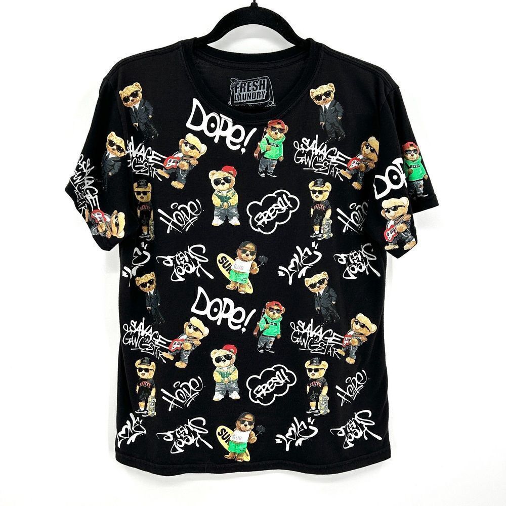 FRESH LAUNDRY Black White Dope Bear All Over Graphic Print T-Shirt Size Kids XL